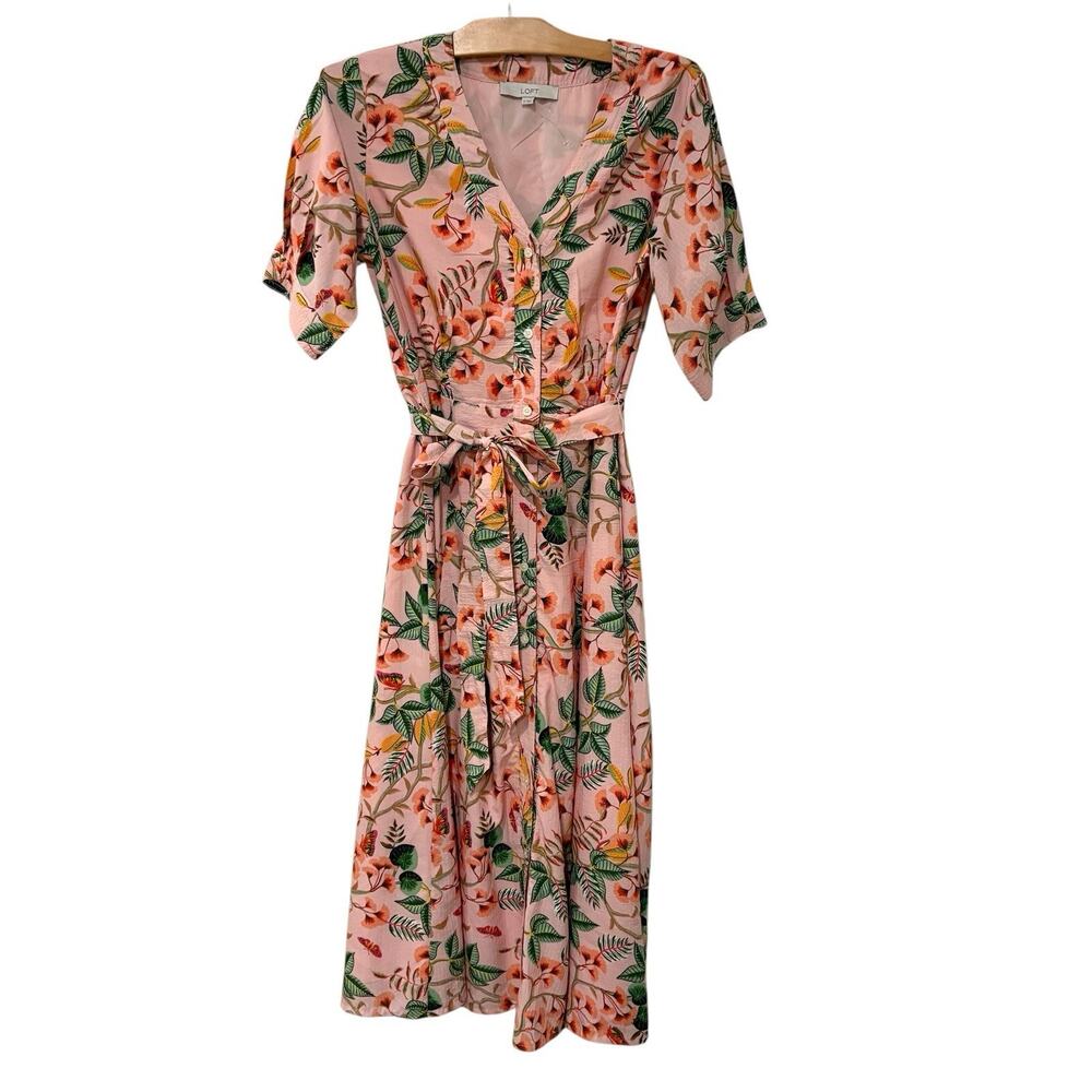 Ann Taylor LOFT | Midi Dress Floral Pink Short Sleeve Button Front Belt- Size 8